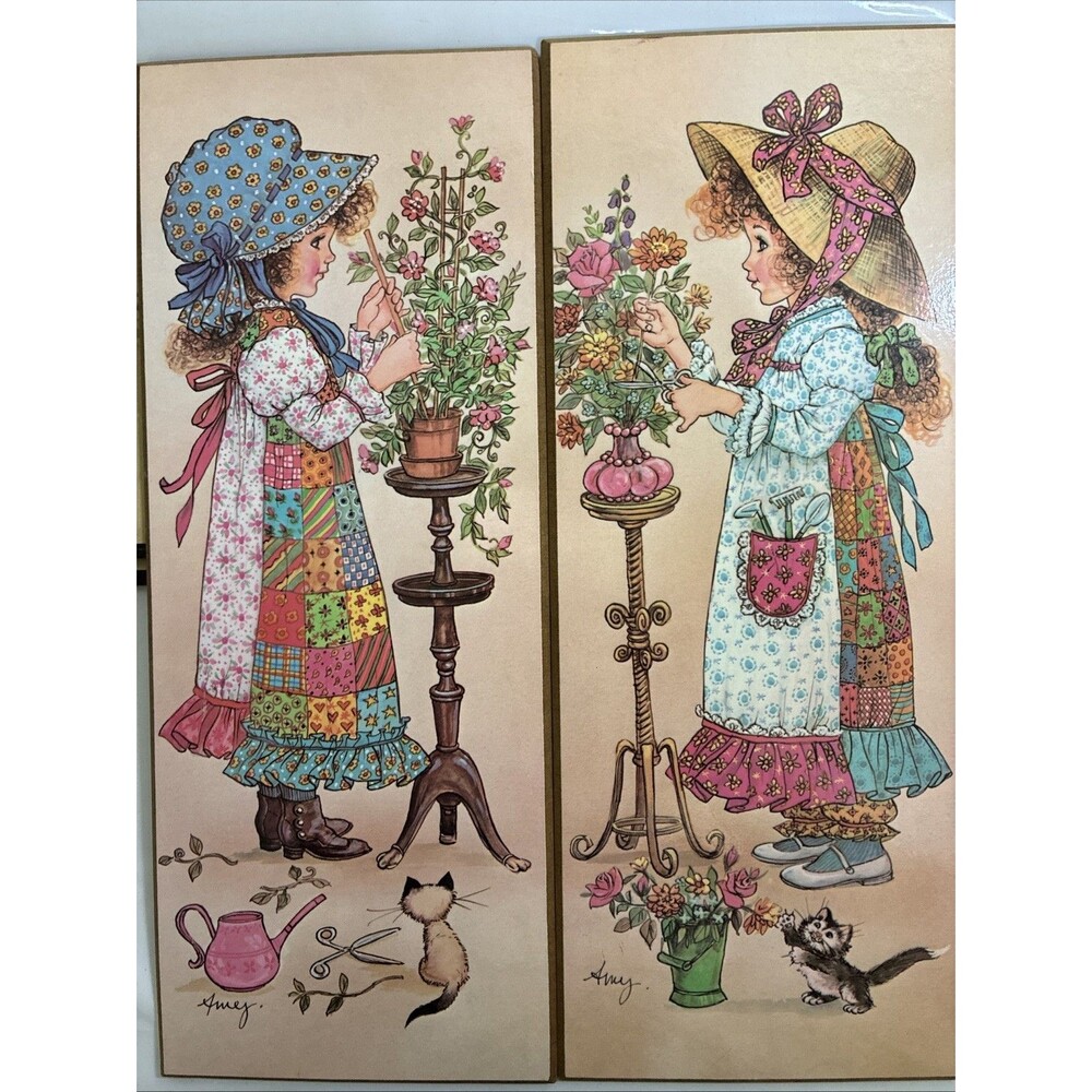 1970's Patchwork Calico Kids Wall Plaques Pair AMY, Country Girls, Holly Hobbie